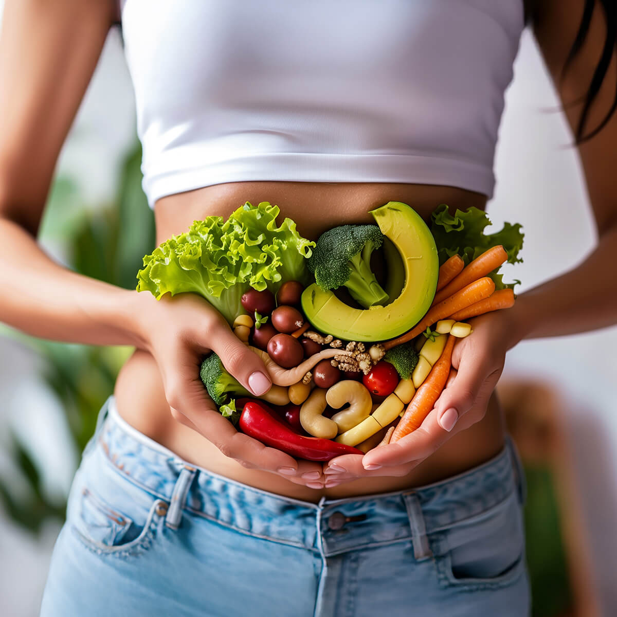 A person holds a variety of fresh vegetables and fruits in their hands, positioned near their stomach.