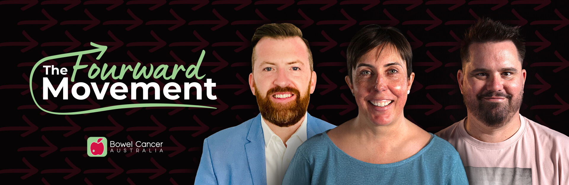 Three smiling individuals are featured against a dark background with arrows, promoting 