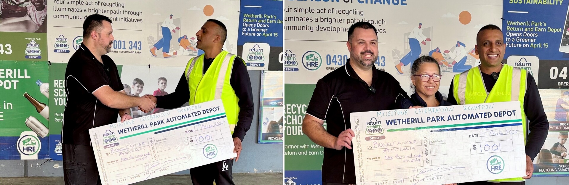 Three individuals in safety vests hold a large check for $100, celebrating a donation at Wetherill Park Automated Depot.