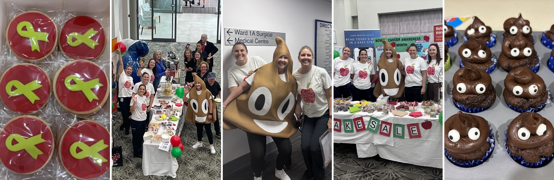 A collage of a bake sale featuring themed cookies, cupcakes, and participants in costumes, promoting bowel cancer awareness.