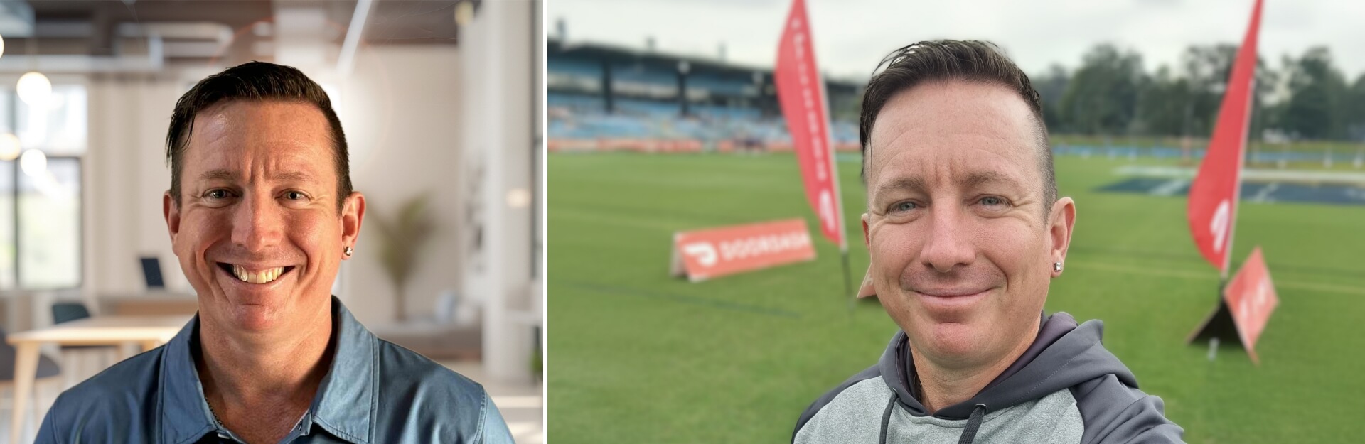 Two images of a smiling man; one indoors with a casual shirt, the other outdoors at a sports field with flags in the background.