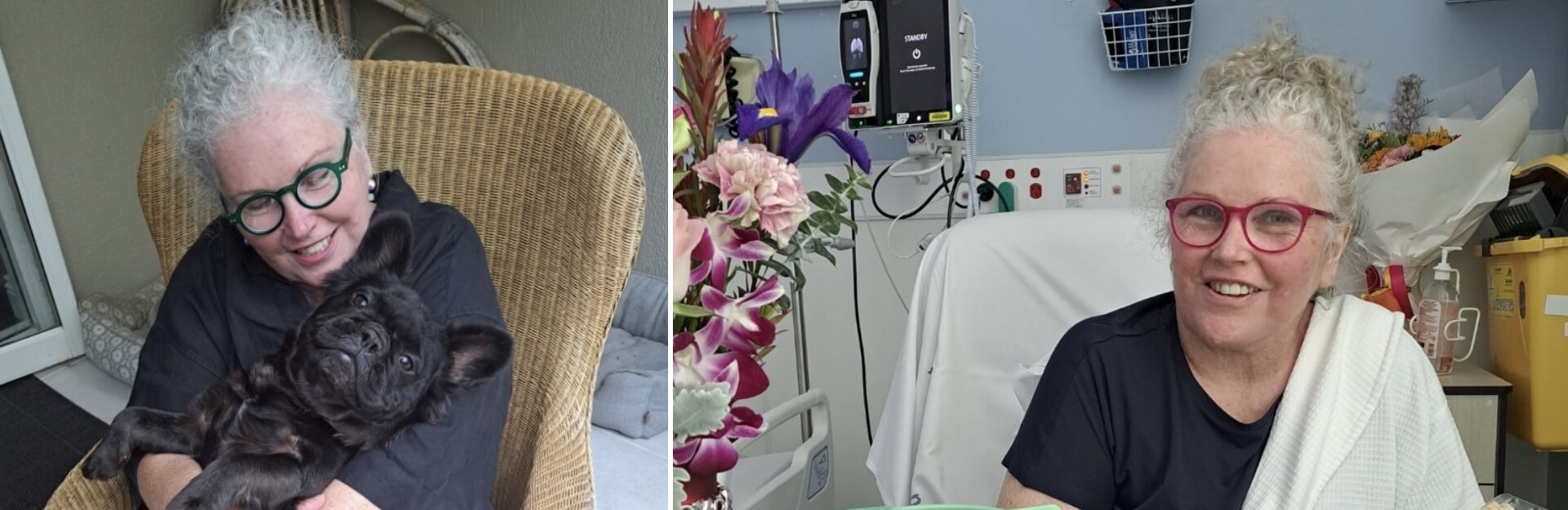 A woman with curly hair and glasses smiles while holding a dog on the left; on the right, she sits in a hospital with flowers.