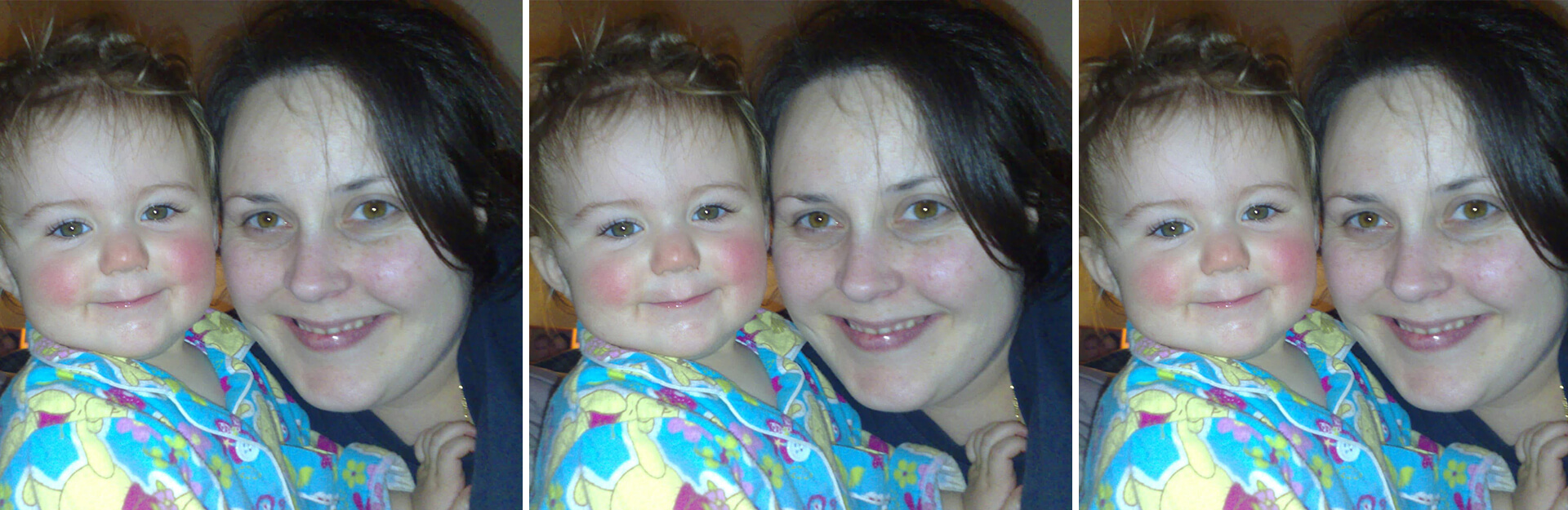 A smiling woman and a toddler are posing closely together, both wearing colorful pajamas, against a soft background.