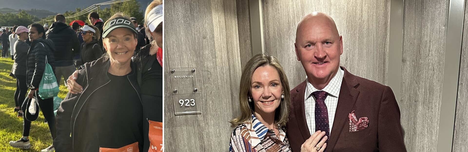 A woman smiles in a crowd at an event; another image shows a couple posing by a door labeled "923."
