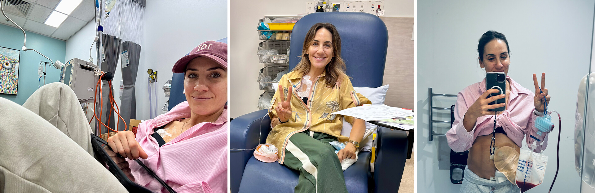 Three images of a woman in a medical setting, smiling and wearing casual clothing, with IV lines and medical equipment visible.