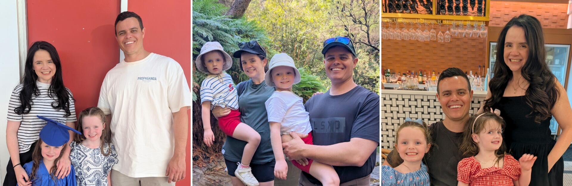 A family of four poses together in three different settings, including a graduation, a nature scene, and a restaurant.