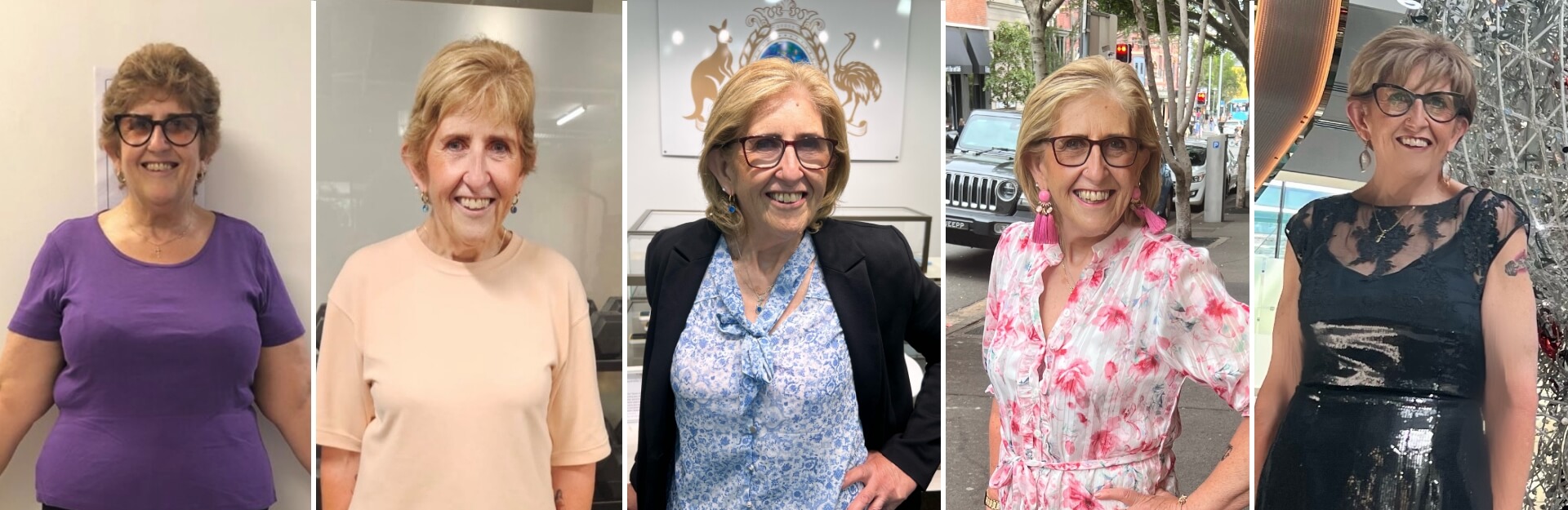 Five images of a smiling woman in various outfits, showcasing different styles and settings.