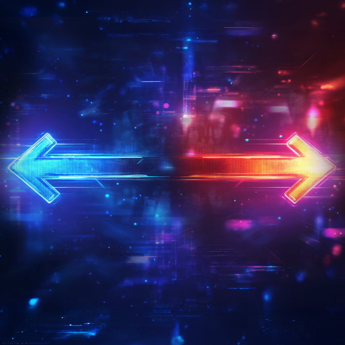 A digital graphic featuring blue and red arrows pointing left and right against a dark, abstract background.