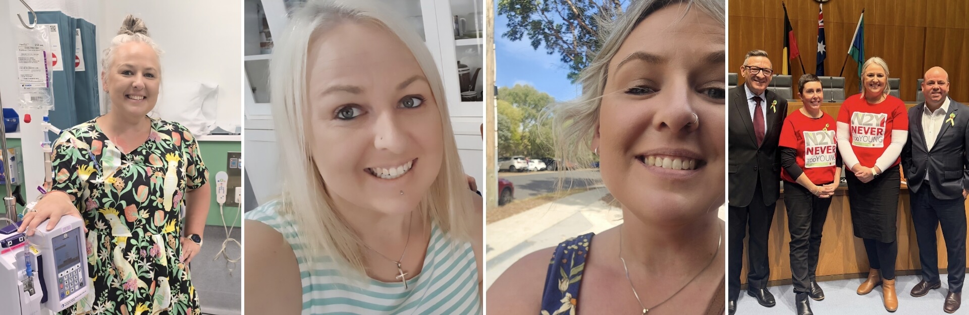 A collage of four images featuring a smiling woman in various settings: a hospital, a casual selfie, outdoors, and with a group in a meeting.