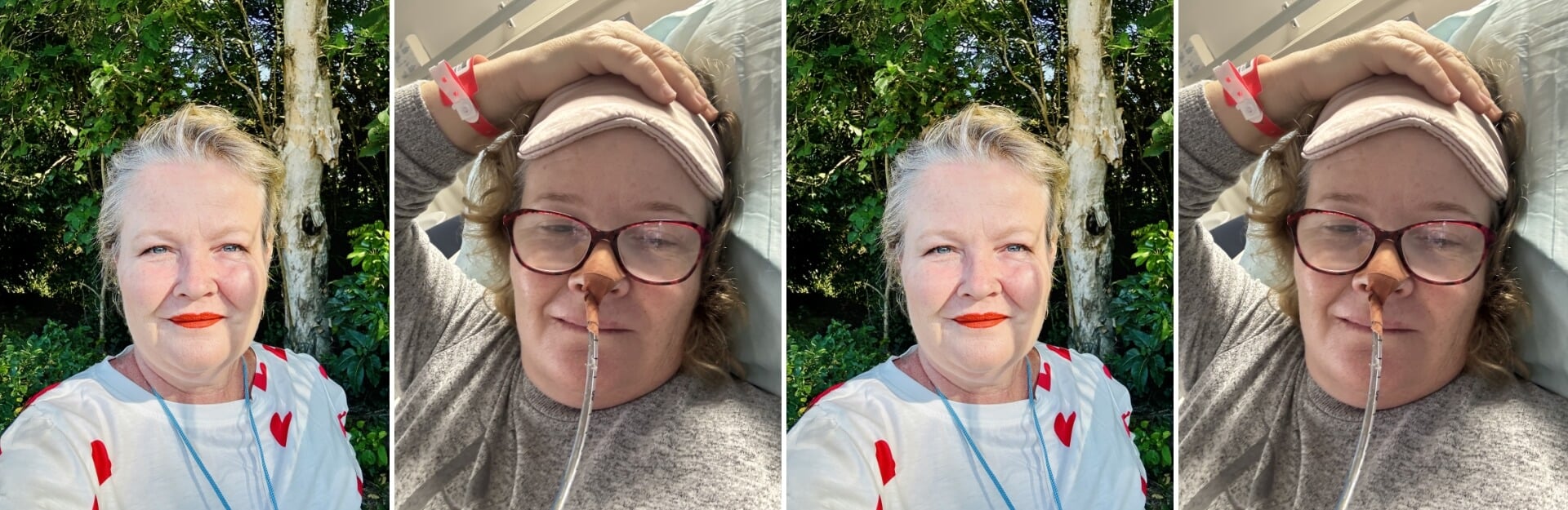 A woman with light hair and red lipstick poses outdoors and indoors, wearing glasses and an oxygen tube in two images.