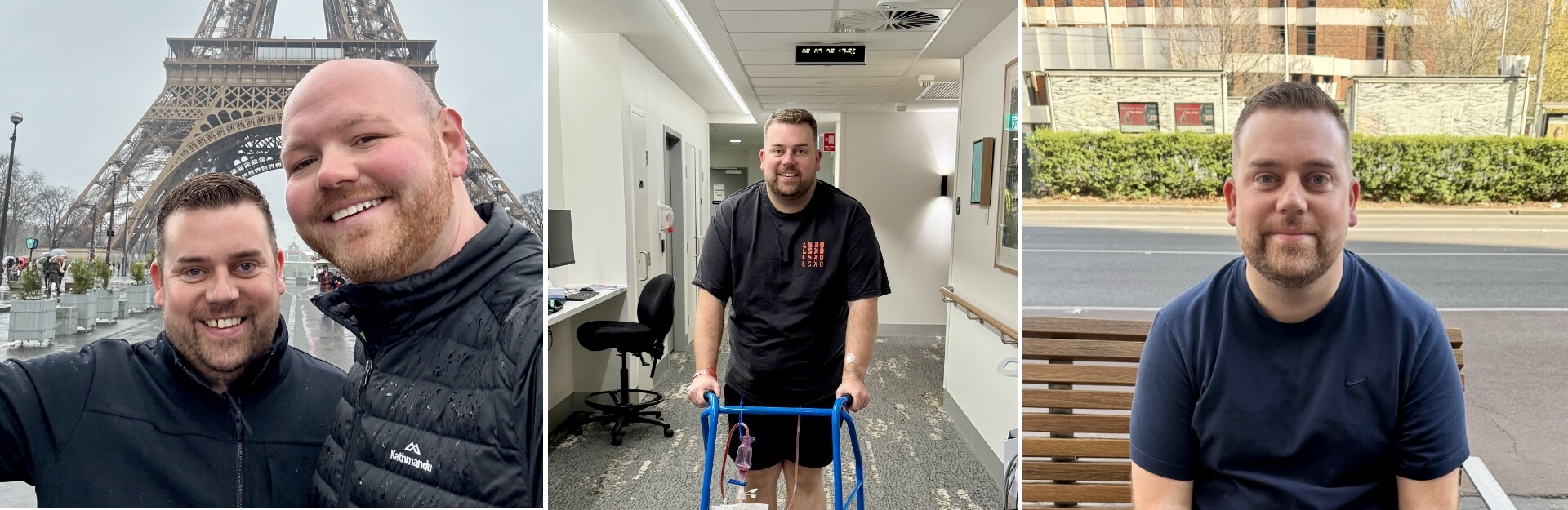 Three photos: Two men smiling in front of the Eiffel Tower, one man in a hospital hallway with a walker, and one man sitting outside.
