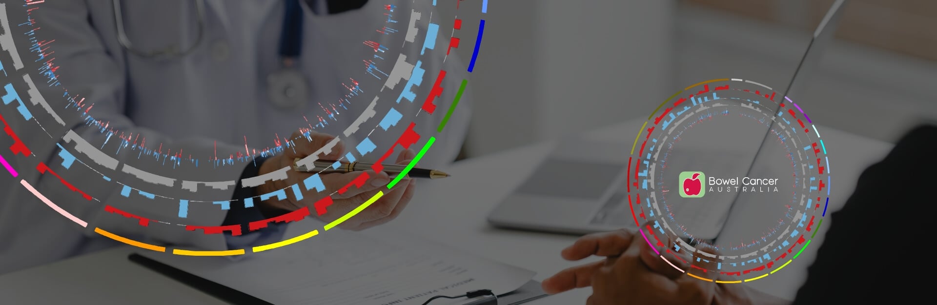 A doctor holds a pen while discussing with a patient; circular graphics and 