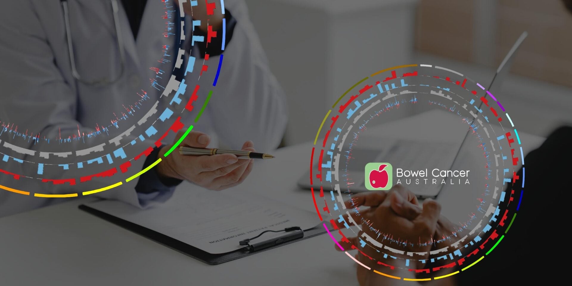 A doctor and patient are discussing, with a clipboard and pen visible on the table. Bowel Cancer Australia logo is displayed.