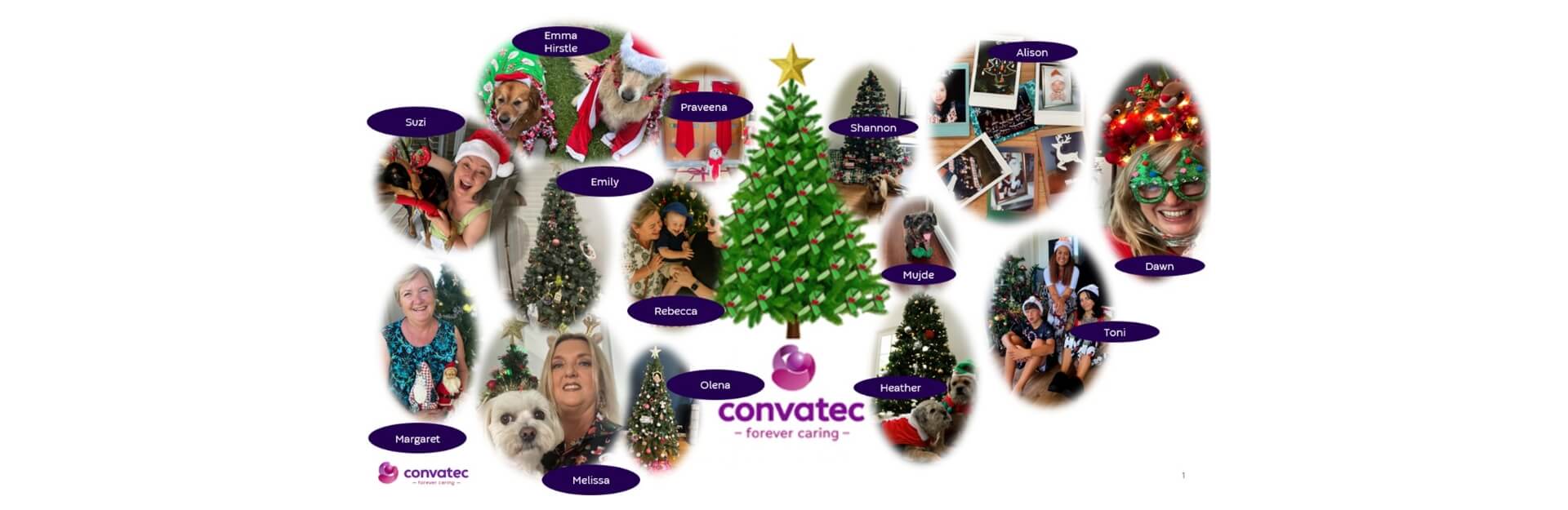 A collage of people celebrating with Christmas trees and festive decorations, labeled with their names.