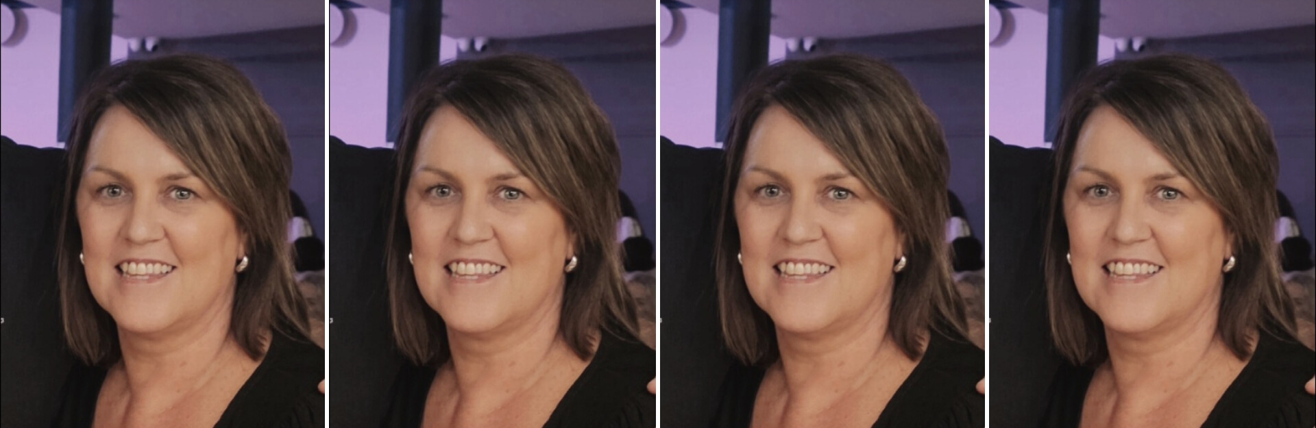 A woman with shoulder-length brown hair smiles, wearing a black top and earrings, in a well-lit setting.