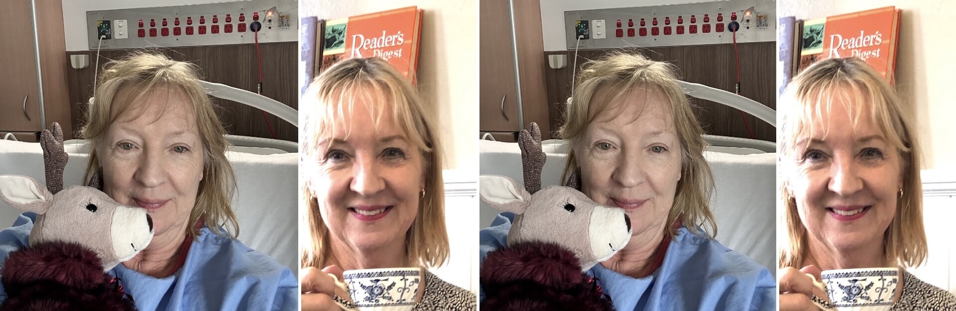 A woman in a hospital bed holds a stuffed animal, smiling. In another image, she holds a teacup, looking cheerful.