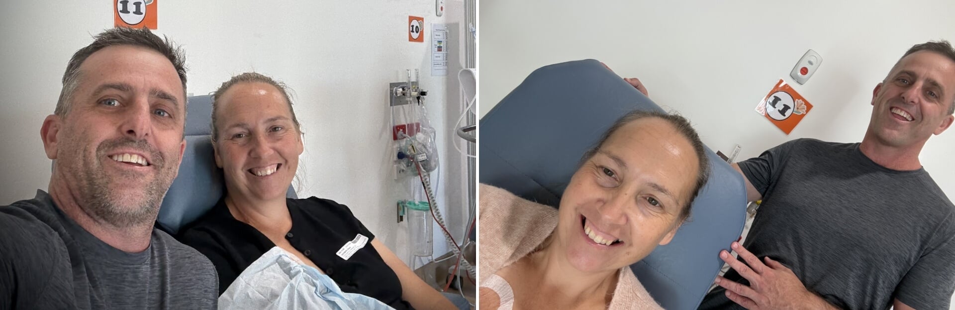 A man and woman smile for a selfie in a hospital room, with medical equipment and room numbers visible in the background.
