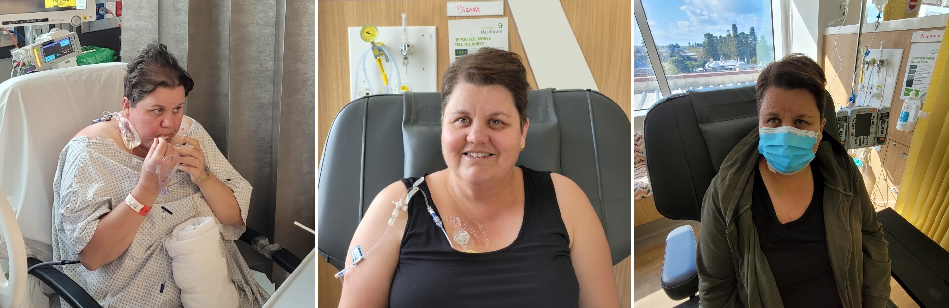 A woman in a hospital setting appears in three images, showing her in different poses and wearing various clothing.