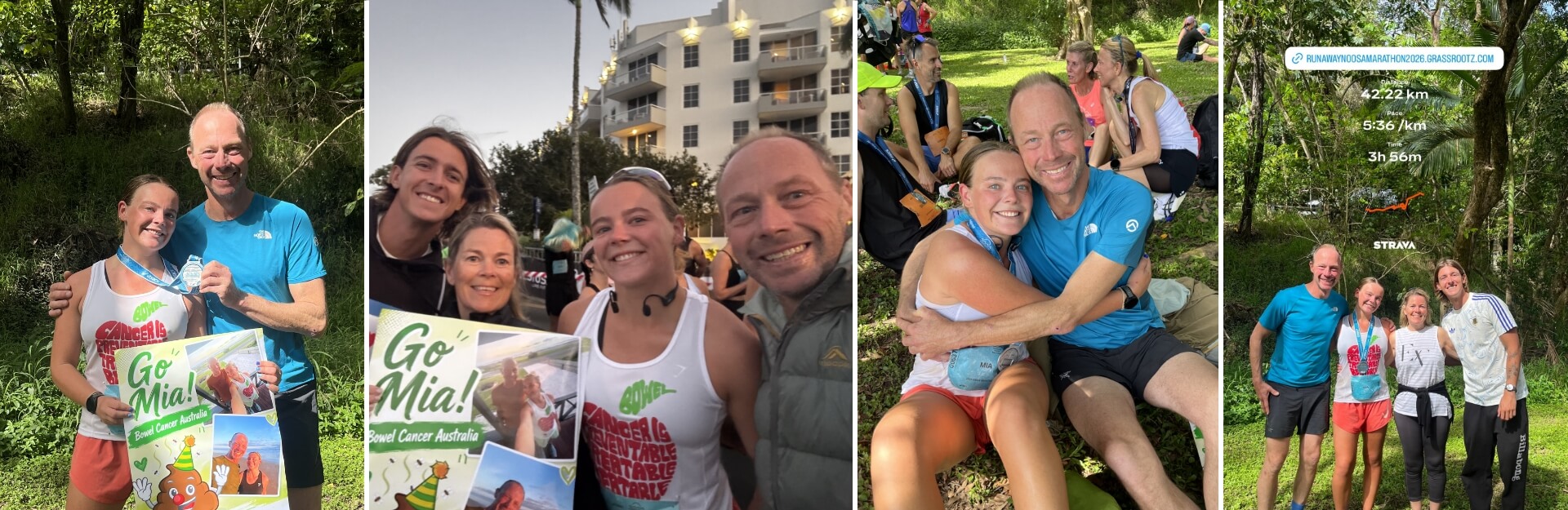 Collage of Mia celebrating the Noosa Marathon with friends and family, holding a sign and medal, in various outdoor settings.