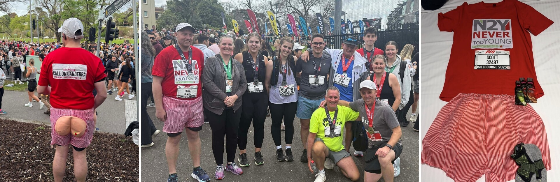 Participants at a fun run event, including a man in humorous shorts, celebrating with medals and race gear.