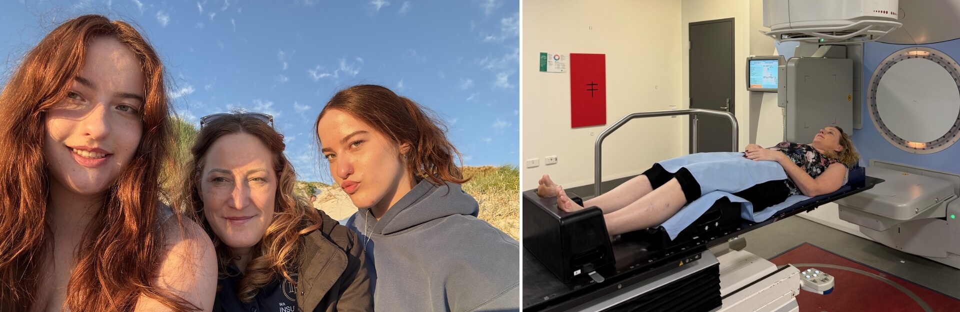 A woman and two girls pose for a selfie outdoors; another image shows a woman lying on a medical machine in a clinic.