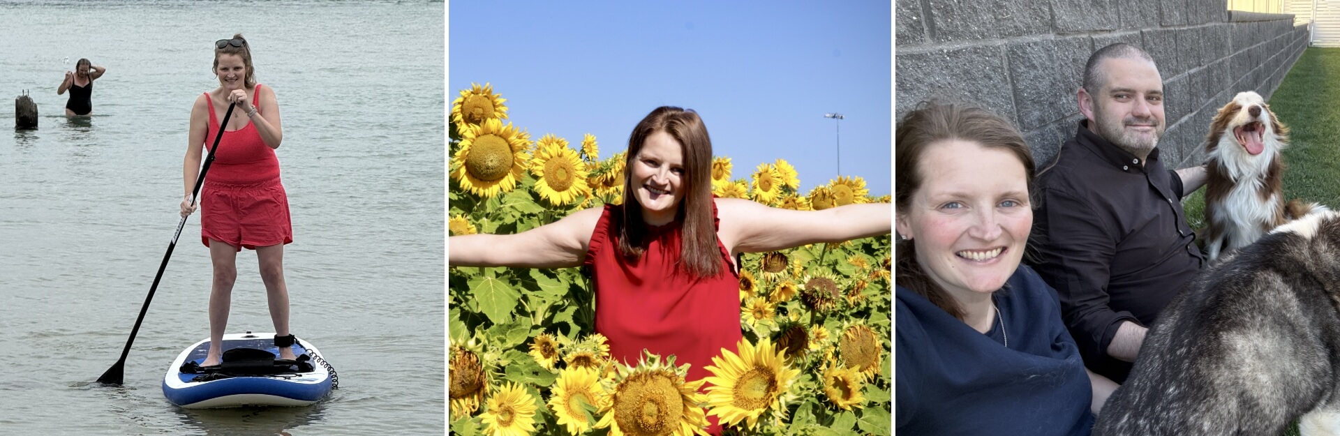 A collage of three images: a woman paddleboarding, a woman in a sunflower field, and a couple with dogs.