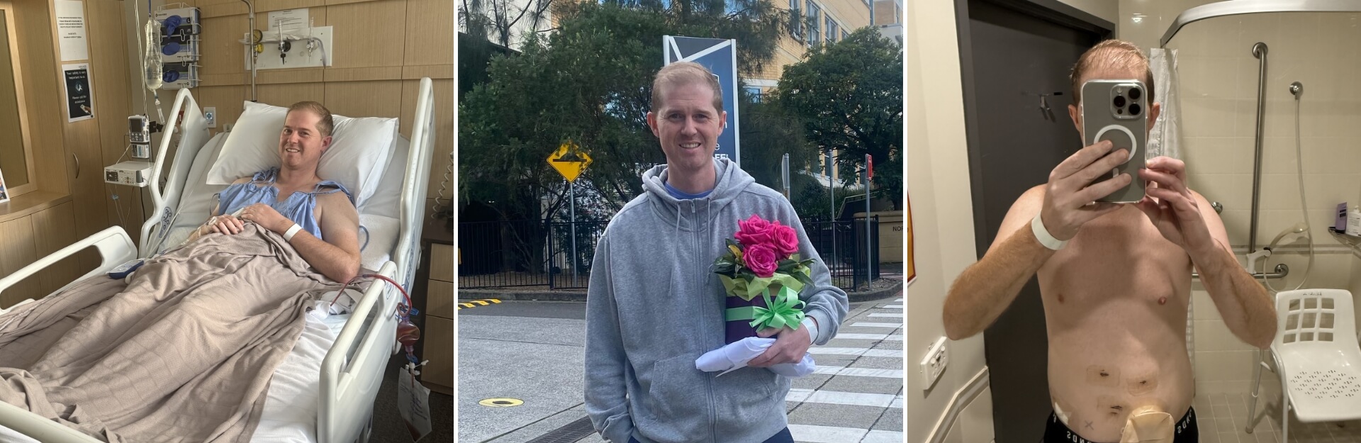 A man in a hospital bed, smiling; another photo shows him outside holding flowers; third, he takes a selfie in a bathroom.