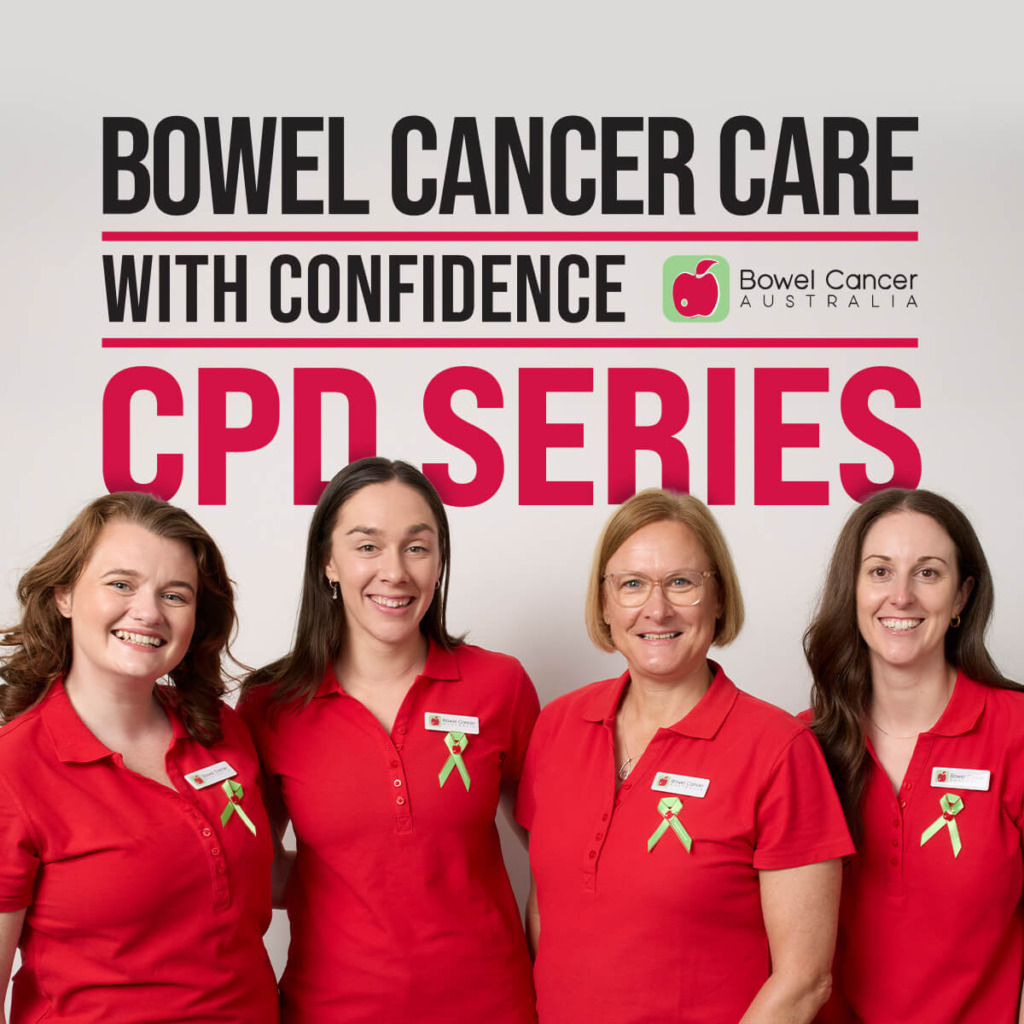 Four women in red shirts stand together, smiling, with text promoting "Bowel Cancer Care with Confidence CPD Series."