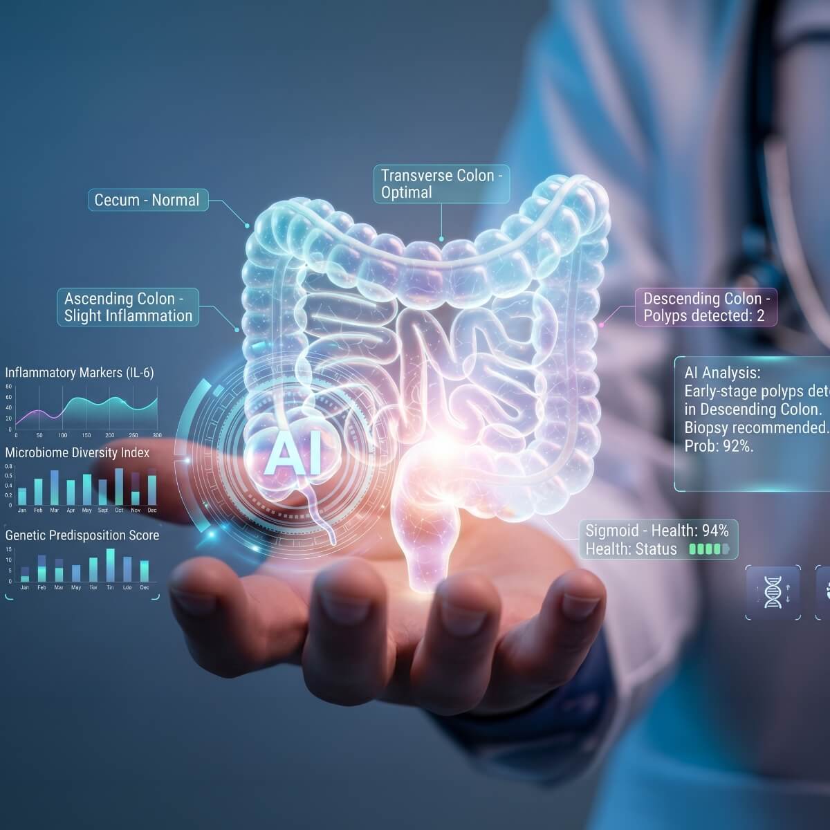 A hand holds a glowing 3D representation of the intestines with health metrics and AI analysis displayed around it.