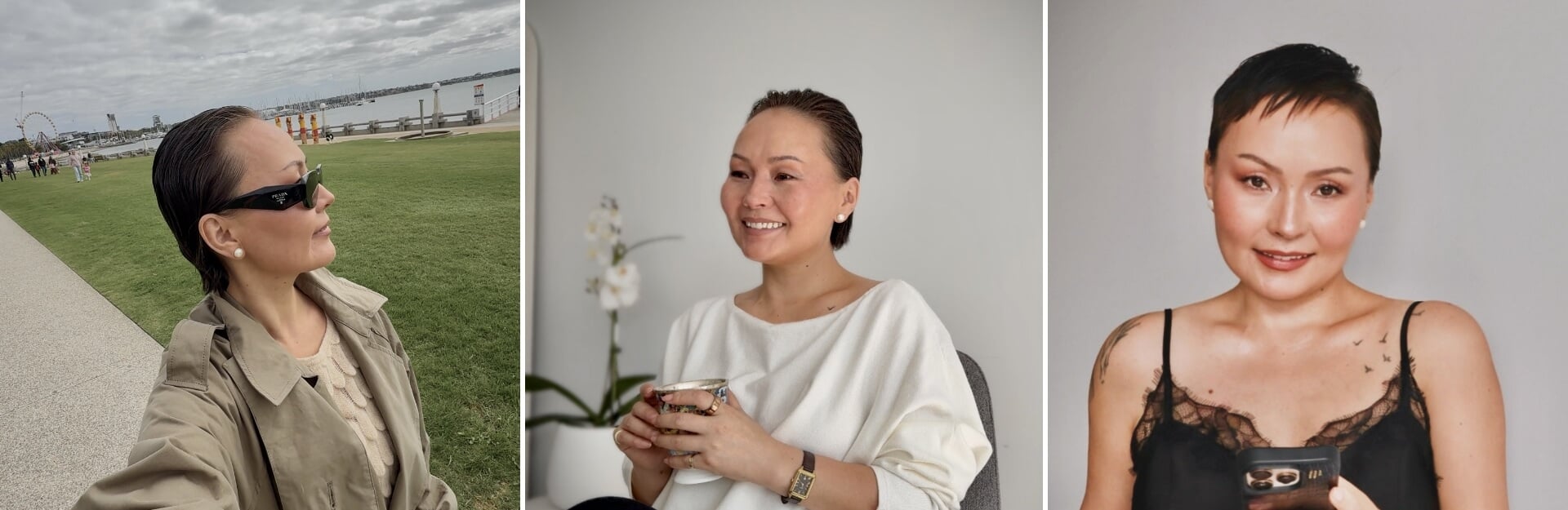 Three images of a woman: outdoors in sunglasses, smiling indoors with a cup, and posing in a black outfit.