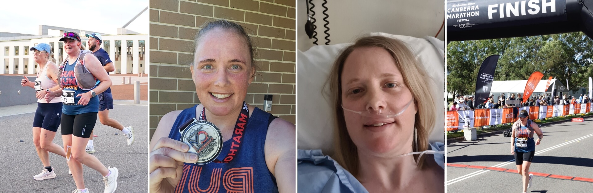 Collage of marathon runners, medal celebration, hospital selfie, and finishing line scene at Canberra Marathon.
