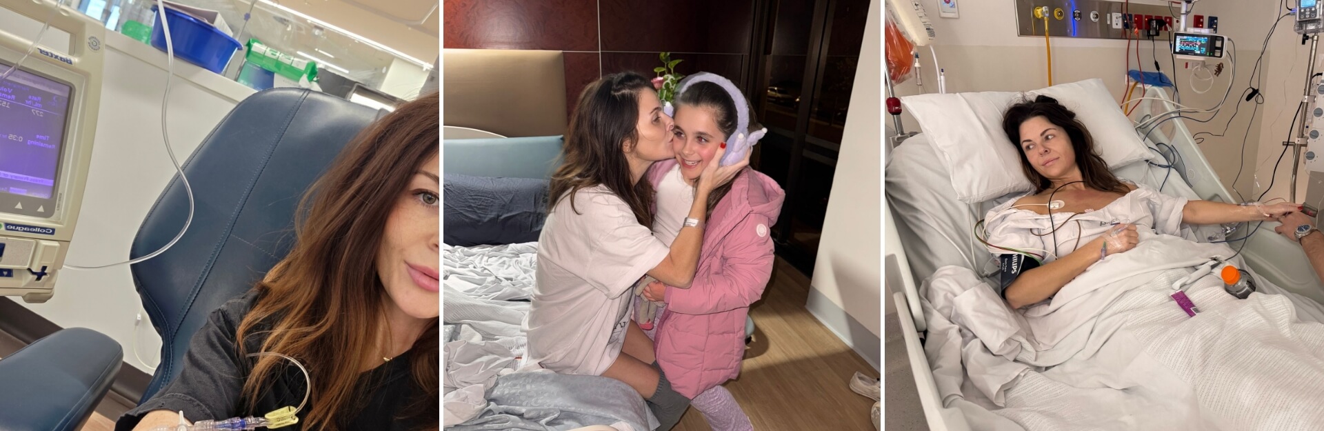 A collage of three images: a hospital setting with medical equipment, a woman and girl sharing a kiss, and a woman in a hospital bed.