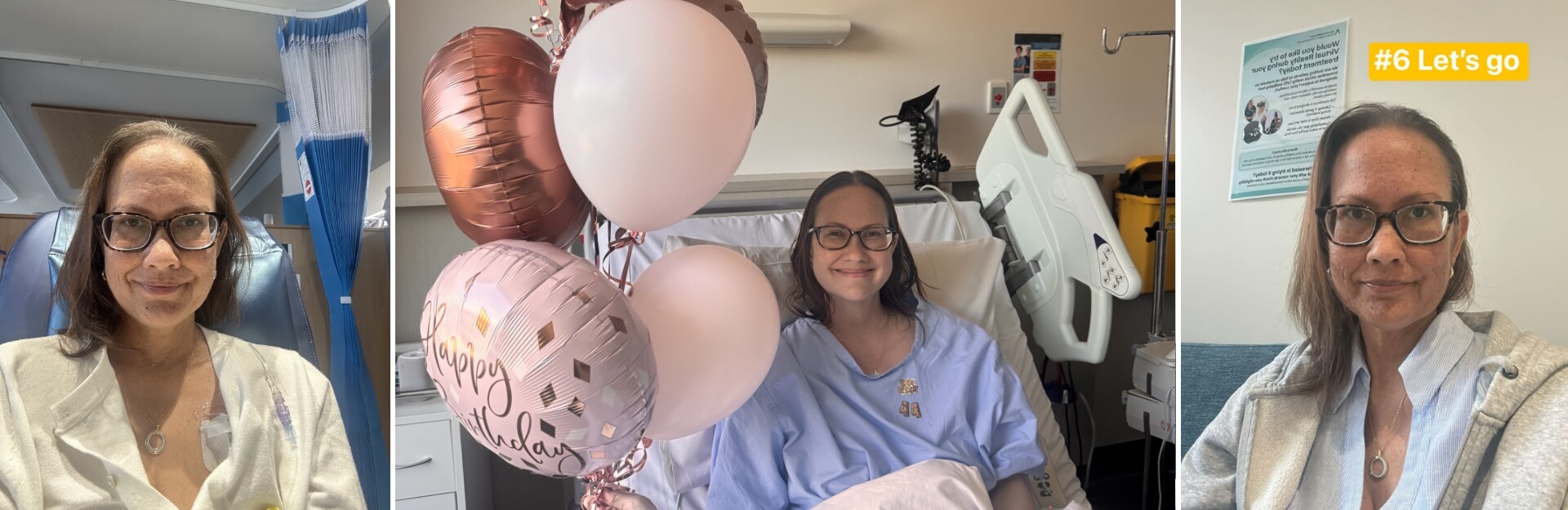 A woman in a hospital setting smiles while wearing a hospital gown, with balloons in one image and a supportive environment.