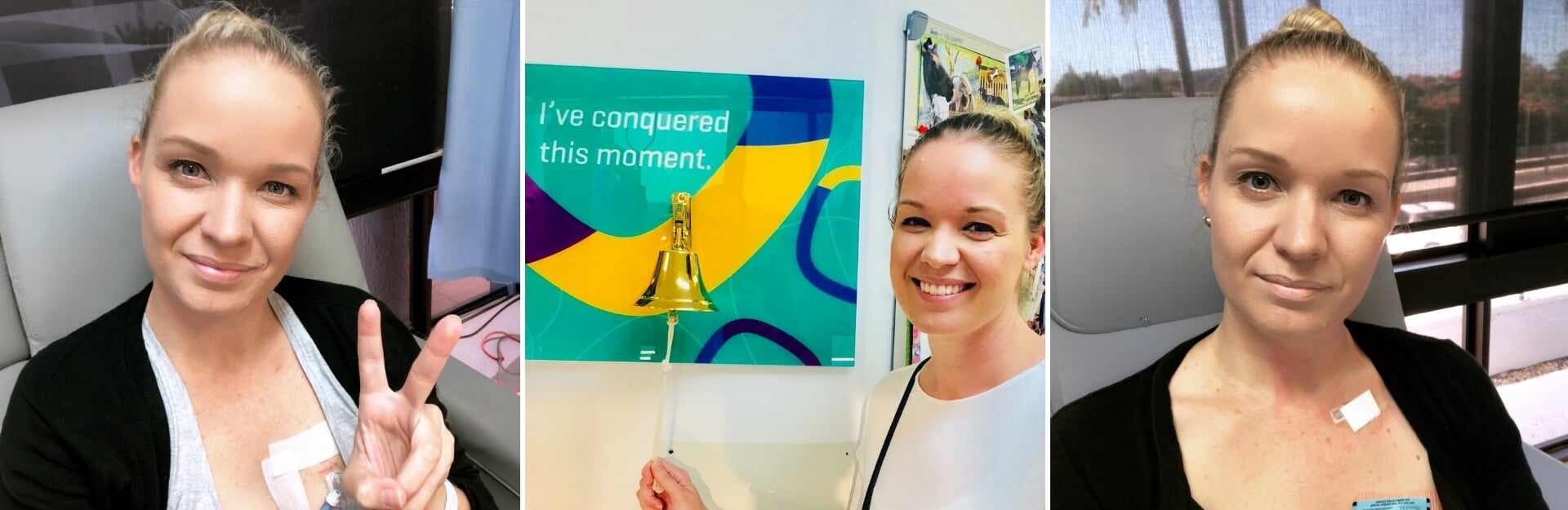 A woman smiles, holding up a peace sign in a medical setting, with a bell and motivational sign in the background.
