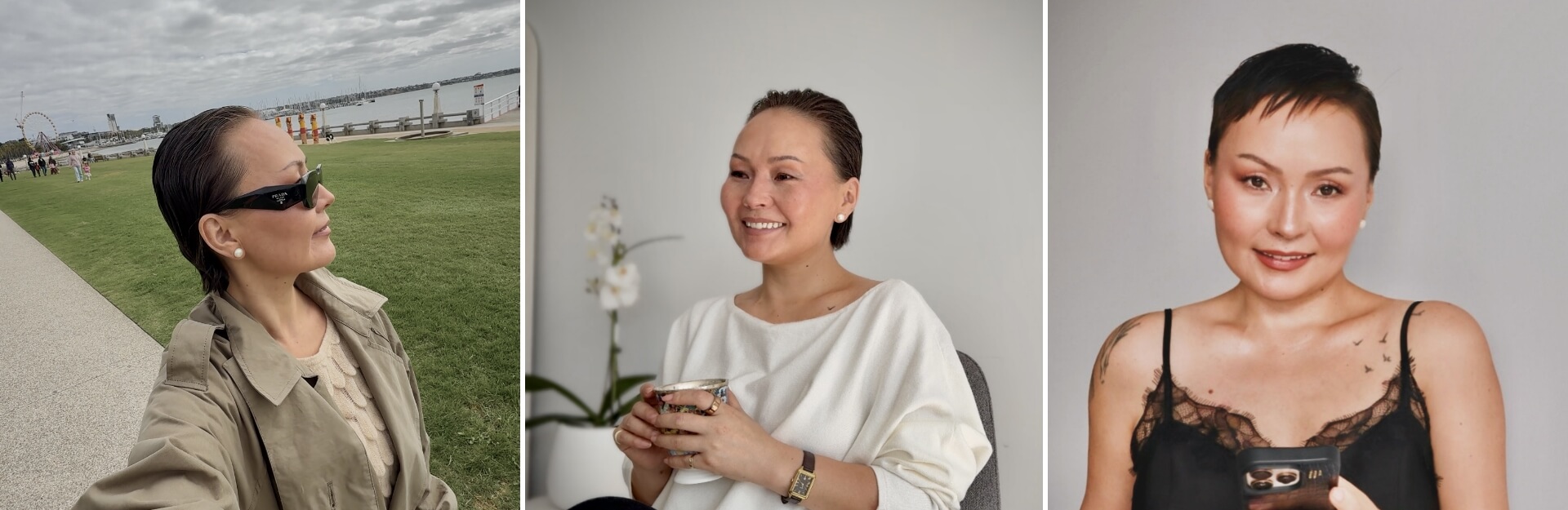 A woman with short hair poses in three different settings: outdoors with sunglasses, indoors smiling with a cup, and in a black top.