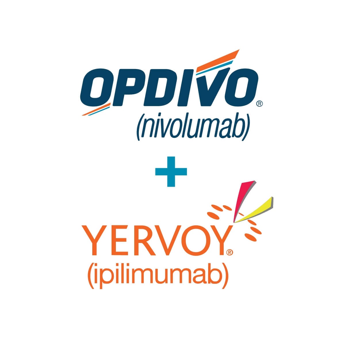 OPDIVO (nivolumab) logo combined with YERVOY (ipilimumab) logo, featuring distinct color schemes.