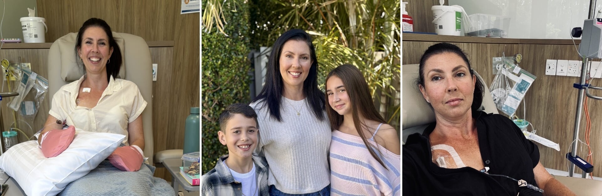 Three images of a woman: one smiling in a hospital, another with two children outdoors, and a third looking serious in a hospital setting.