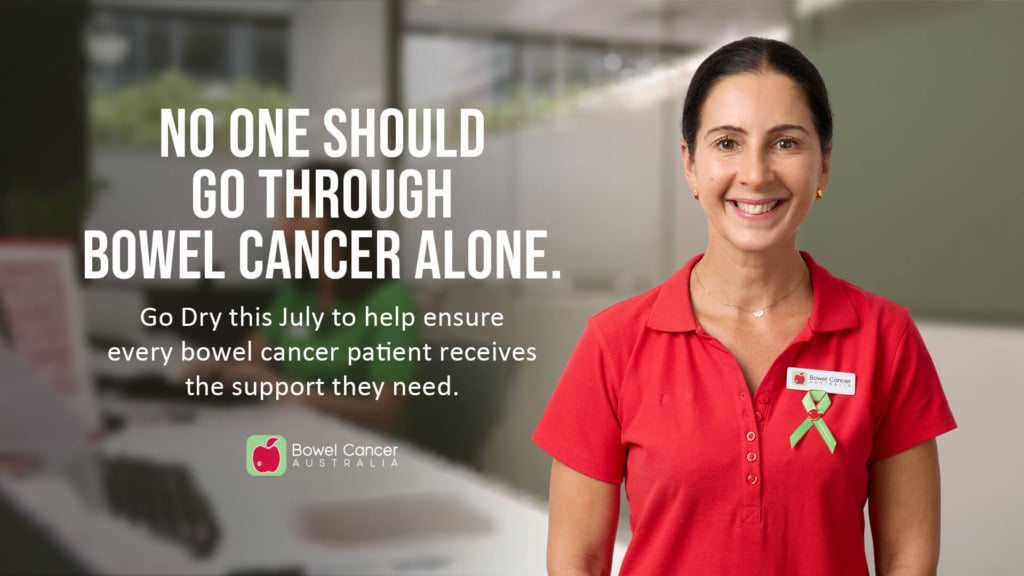 A woman in a red shirt smiles, promoting support for bowel cancer patients with text about awareness and help.