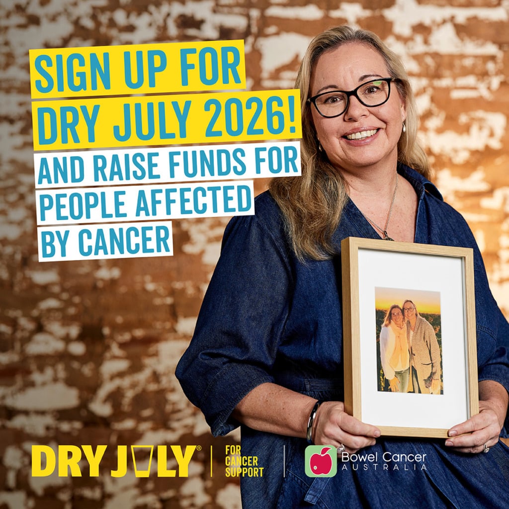 A woman holds a framed photo, promoting Dry July 2026 for cancer support against a textured background.
