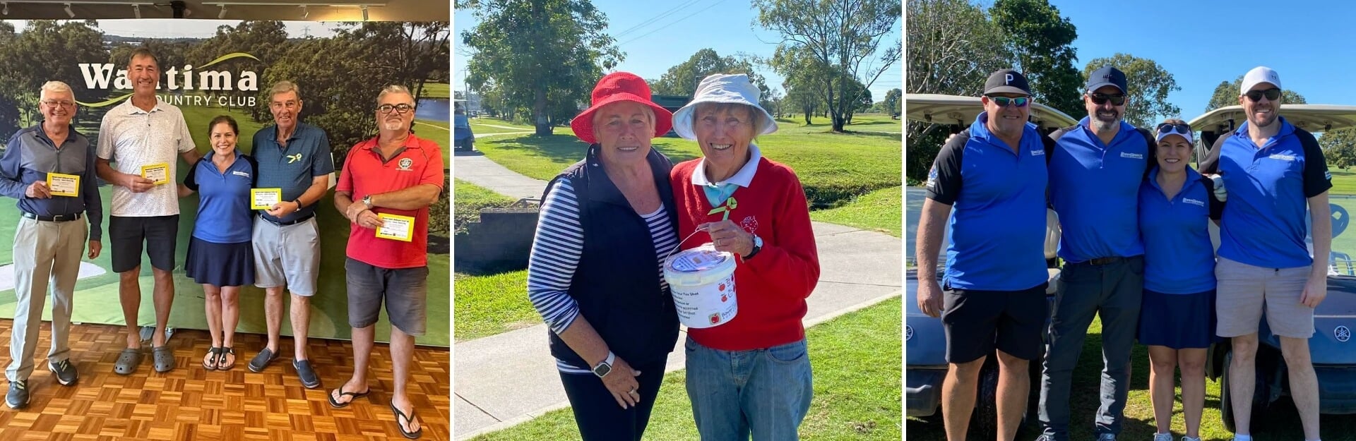 Three images of people at a golf event, including award recipients and participants in casual attire outdoors.
