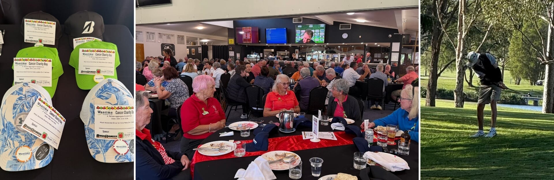 Caps for a charity event on a table, a crowded dining area with attendees, and a golfer putting on a green.