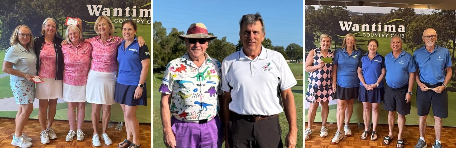 Group photos of golfers at Wantima Country Club, featuring men and women in colorful outfits and awards.
