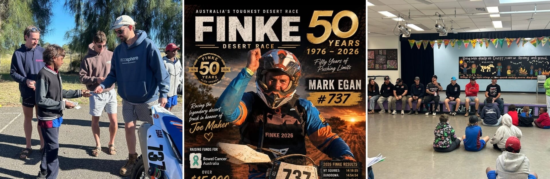 Three images: a group of people interacting outdoors, a promotional poster for the Finke Desert Race, and a classroom discussion.