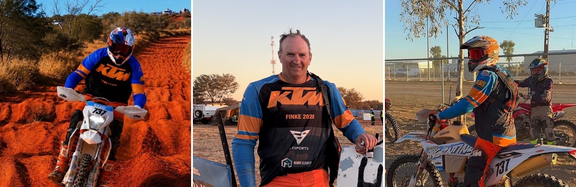 Three images of a man in motorcycle gear, riding on red dirt, posing with a bike, and standing with other riders.