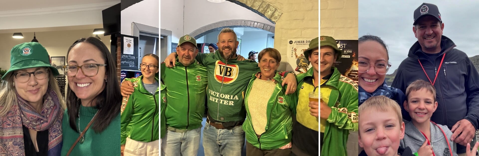 A collage of six images showing groups of people smiling, wearing green jackets, and enjoying time together.