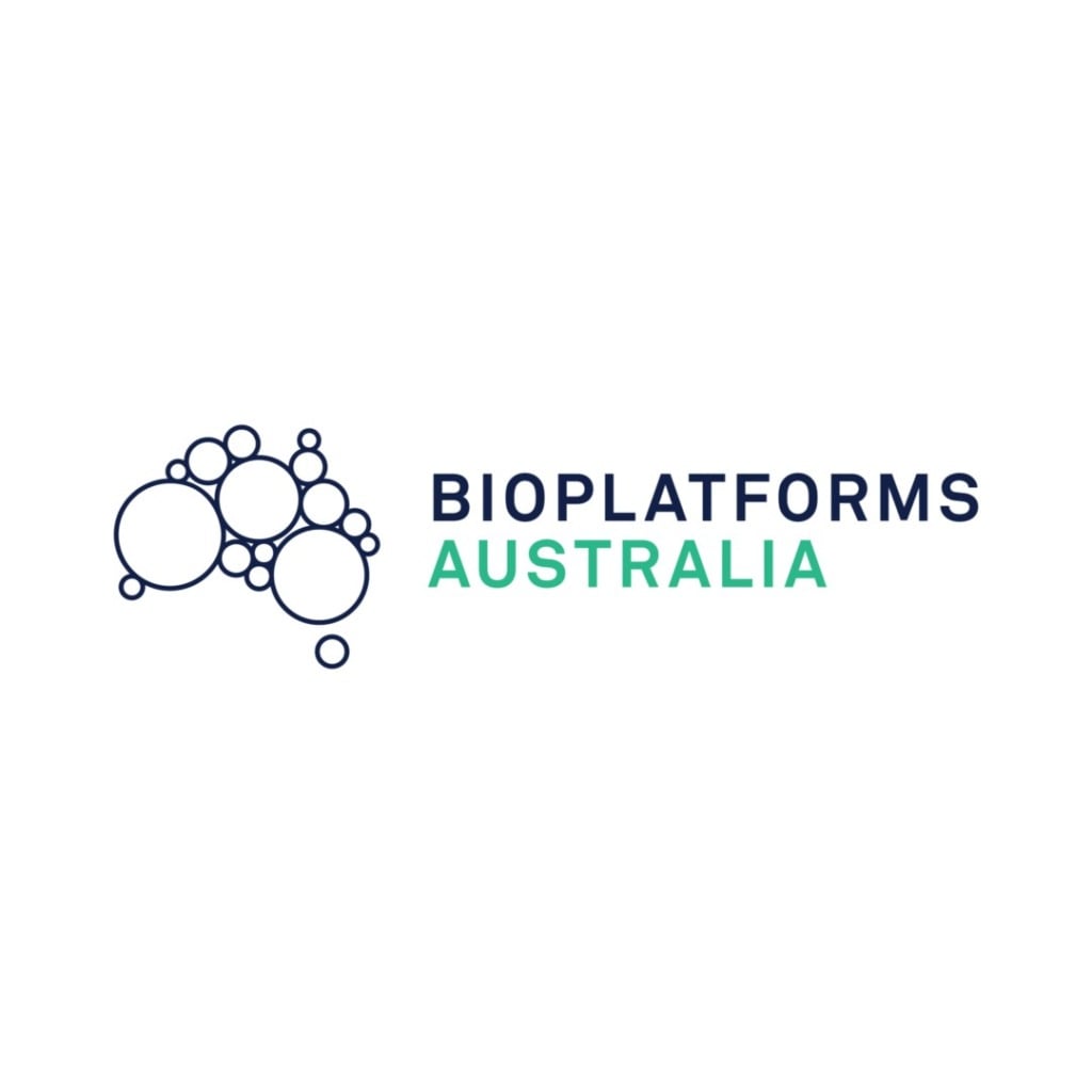 Logo of Bioplatforms Australia featuring abstract circles and text in blue and green. Relevant to early-onset bowel cancer research.