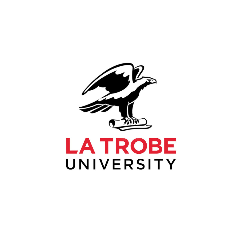 Logo of La Trobe University featuring a stylized eagle above the university name, related to early-onset bowel cancer research.