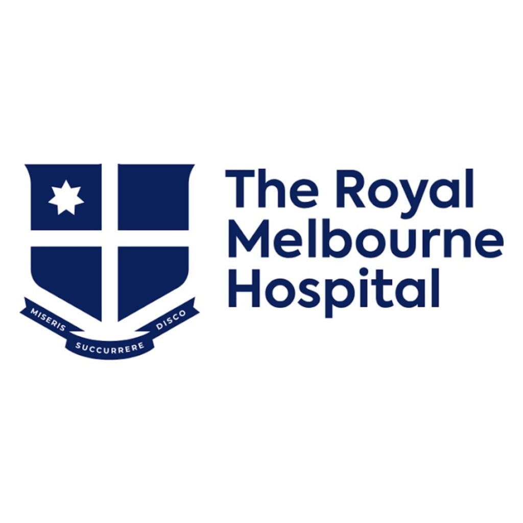 Logo of The Royal Melbourne Hospital with a shield and the motto "Miseris Succurrere Disco," related to early-onset bowel cancer research.