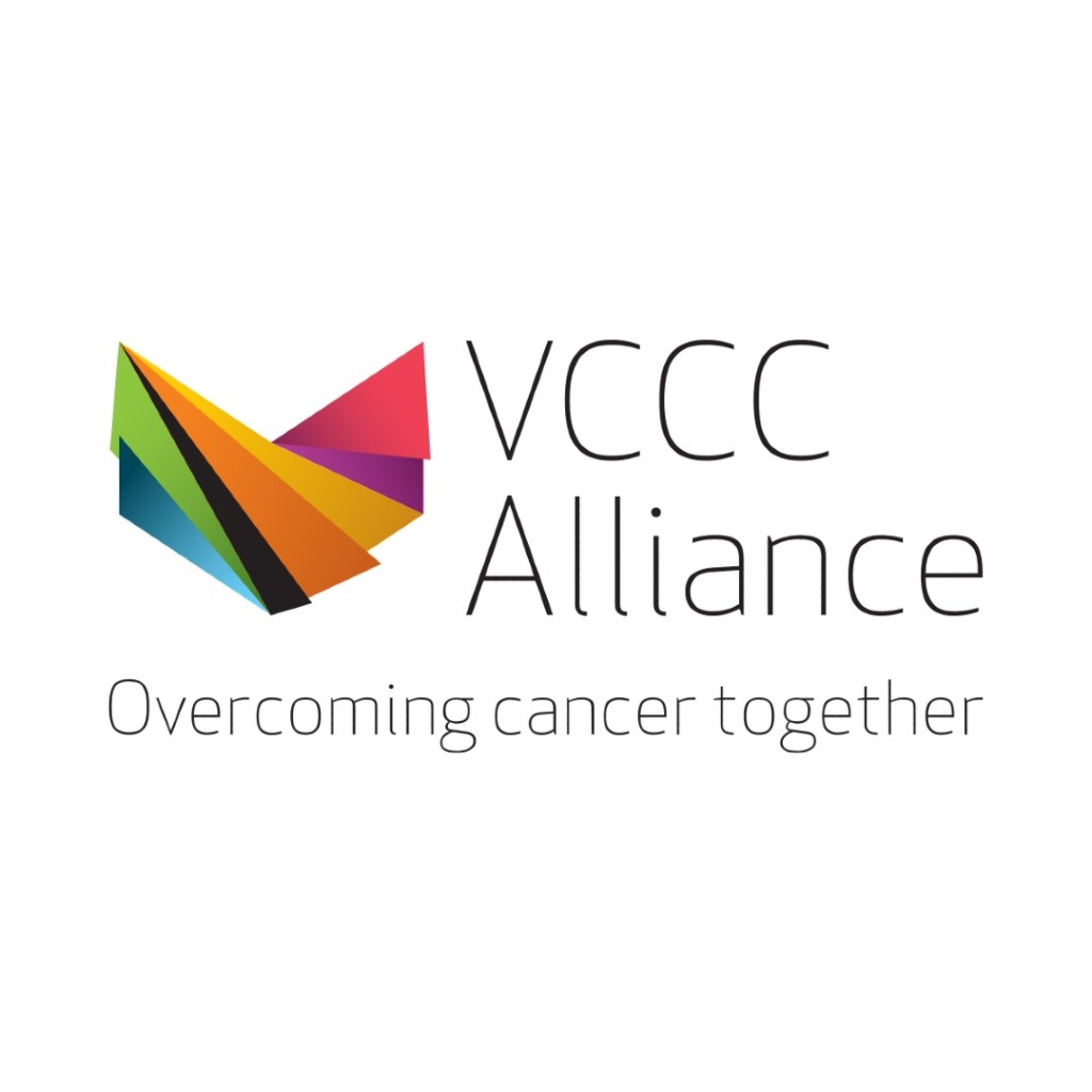 VCCC Alliance logo with colorful geometric shapes and the tagline "Overcoming cancer together," related to early-onset bowel cancer centre of research excellence.