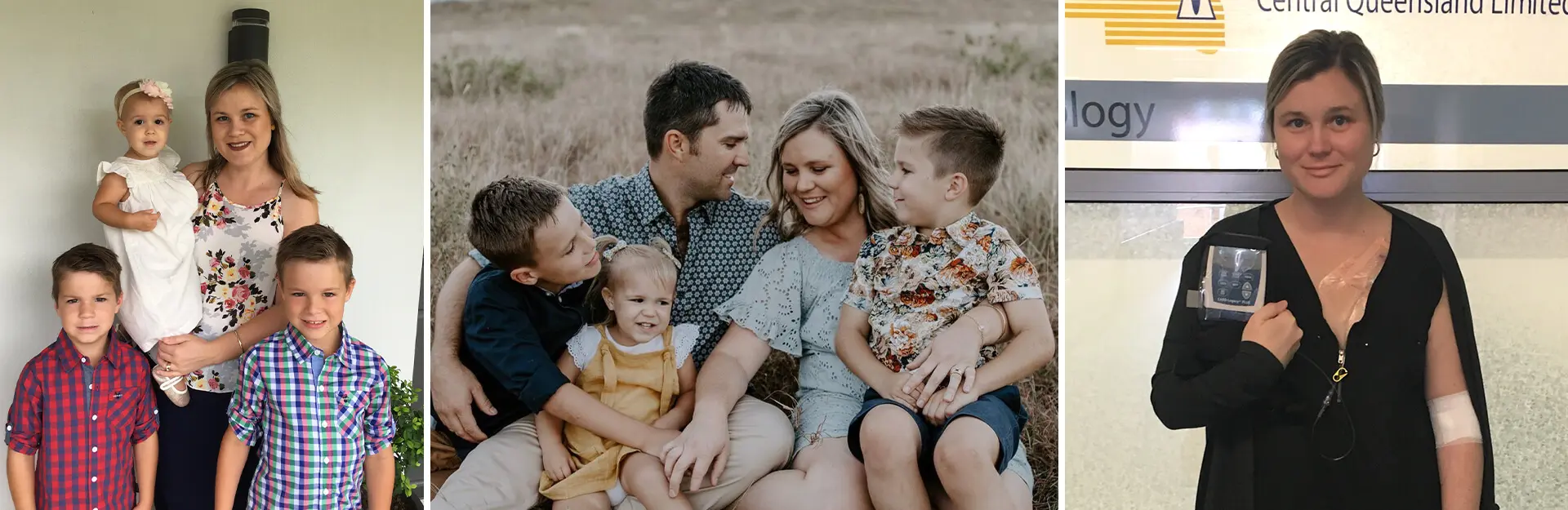 A collage of three images: a woman with children, a family portrait, and a woman in a hospital setting.